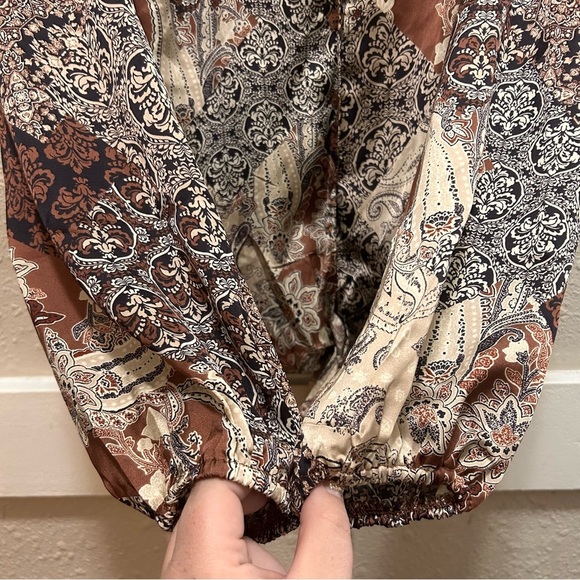 2 for 30✨ECLAIR Multi-Pattern Brown Tie Front Button Down Blouse - Picture 4 of 6